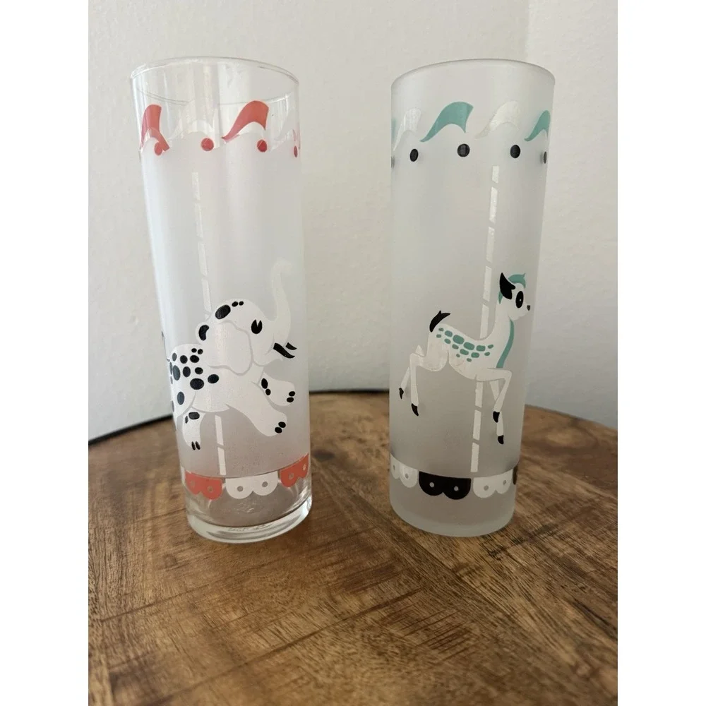 VTG '50s Libbey Elephant & Deer Carousel Tom Collins Frosted Glasses 7